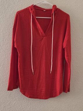 Women's Red V-Neck Hoodie Top with Contrast Drawcords